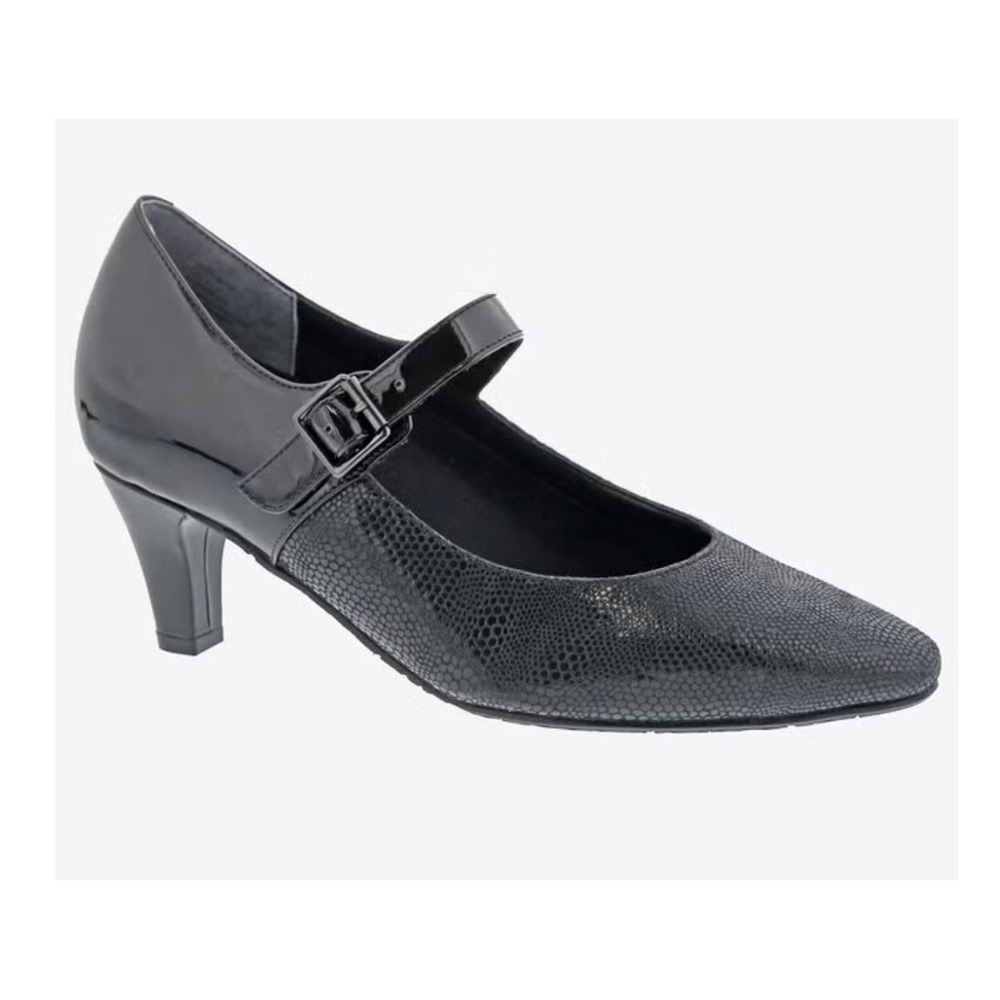 Ros Hommerson Black Patent Leather Lizard Mary Jane Low Block Pumps 7.5N Narrow